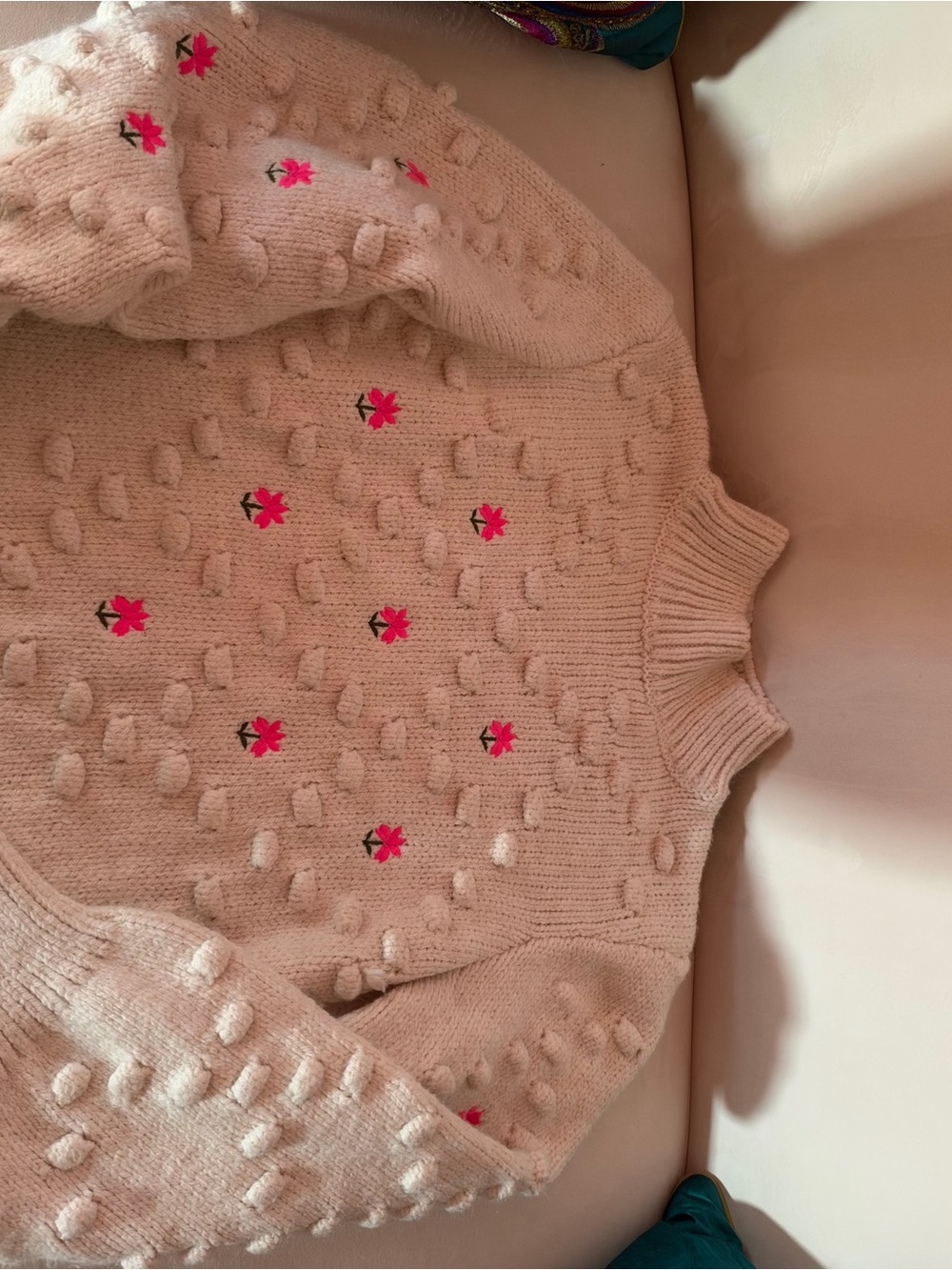 River Island Pink Textured Knit Turtleneck with Neon Pink Floral Embroidery